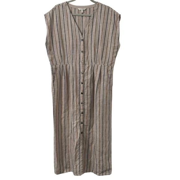 Garnet Hill Dresses & Skirts - Garnet Hill 100% Linen Dress Womens 16 Beige Striped Button Front Coastal Lagom
